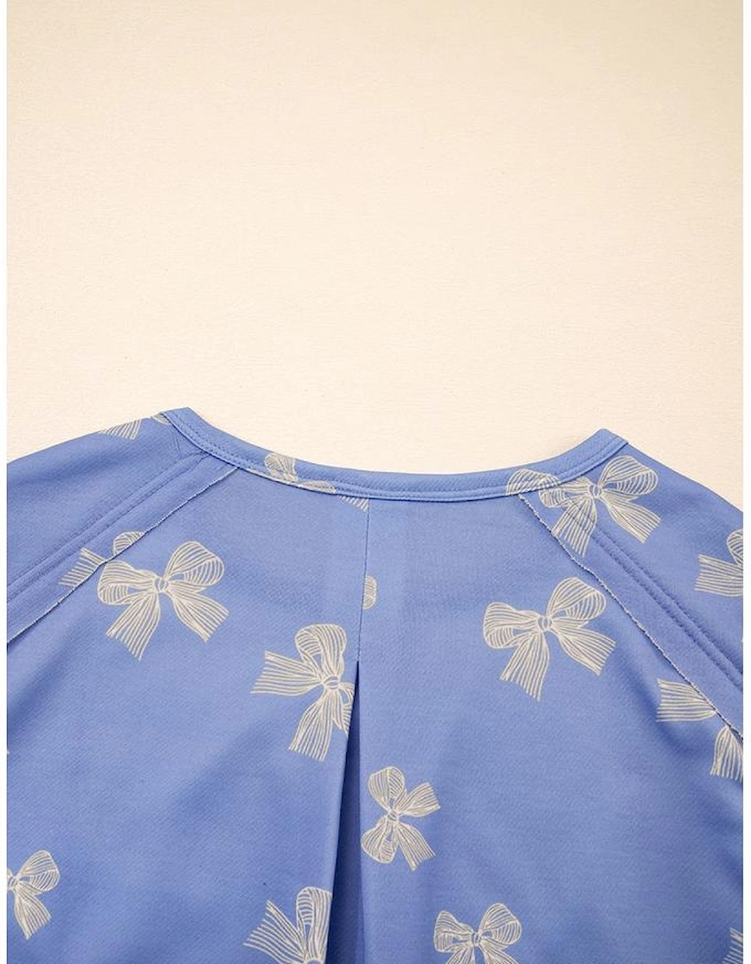 Sky Blue Bow Knot Print Crewneck Ruffled Sleeve Shift Mini Dress