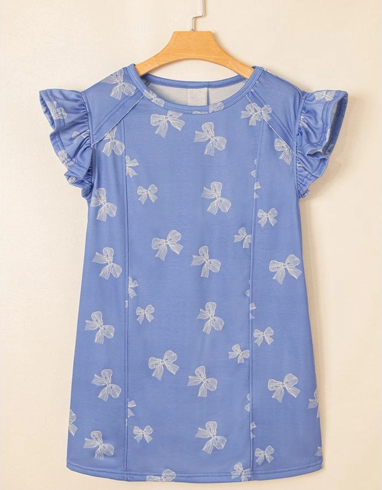 Sky Blue Bow Knot Print Crewneck Ruffled Sleeve Shift Mini Dress