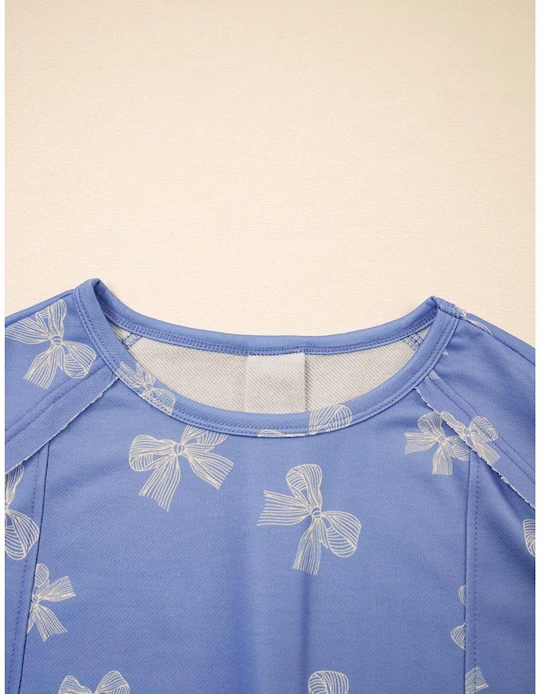 Sky Blue Bow Knot Print Crewneck Ruffled Sleeve Shift Mini Dress