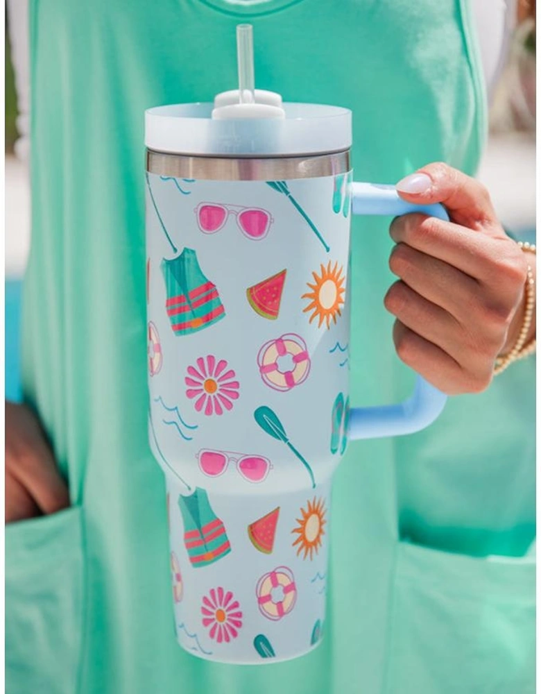 Light Blue Beach Day Fun Pattern Cup with Handle 40oz