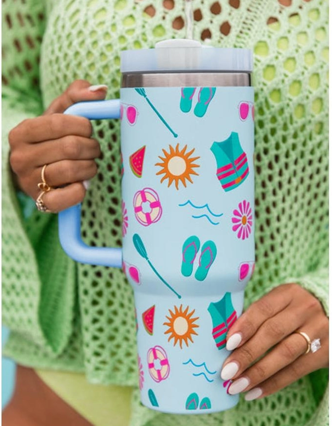 Light Blue Beach Day Fun Pattern Cup with Handle 40oz