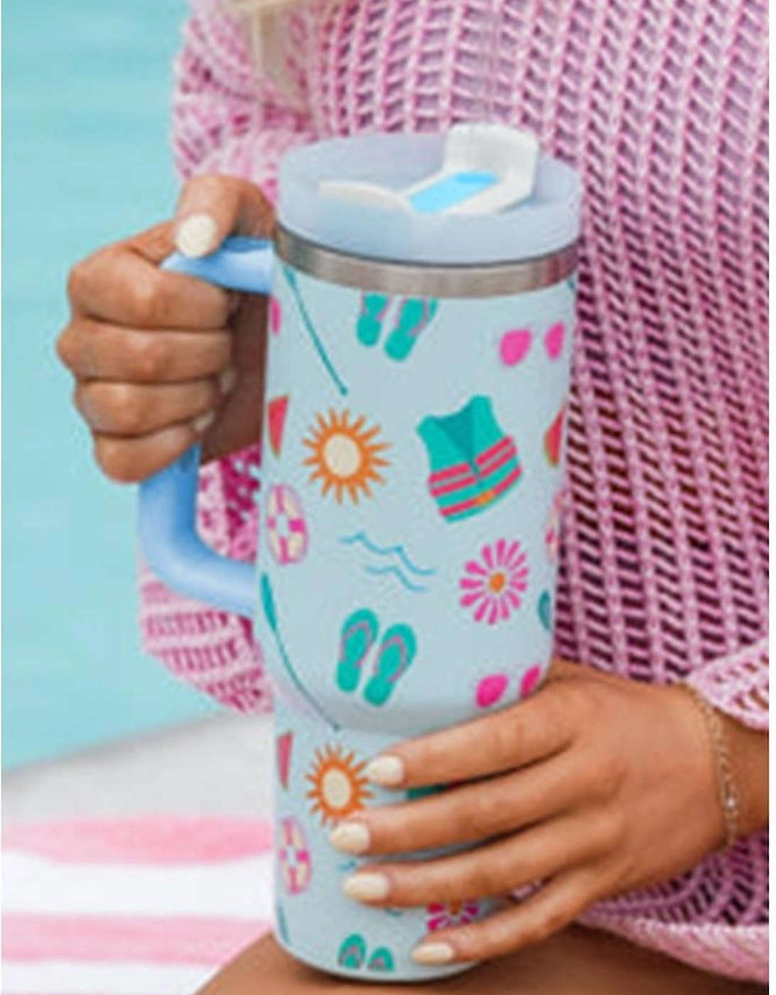 Light Blue Beach Day Fun Pattern Cup with Handle 40oz