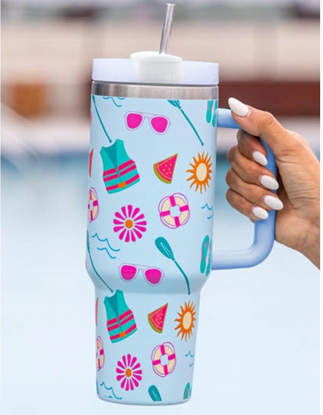 Light Blue Beach Day Fun Pattern Cup with Handle 40oz