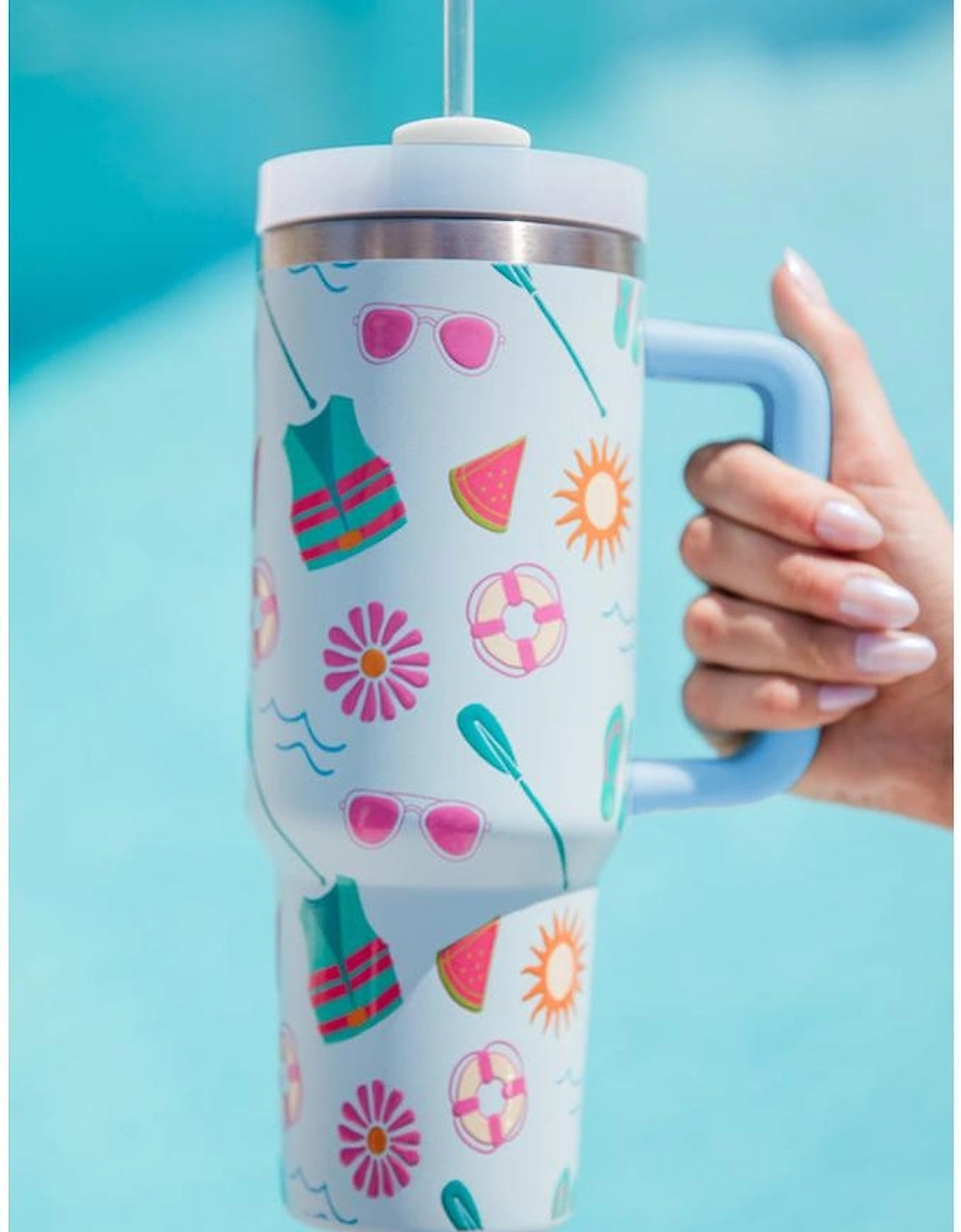 Light Blue Beach Day Fun Pattern Cup with Handle 40oz