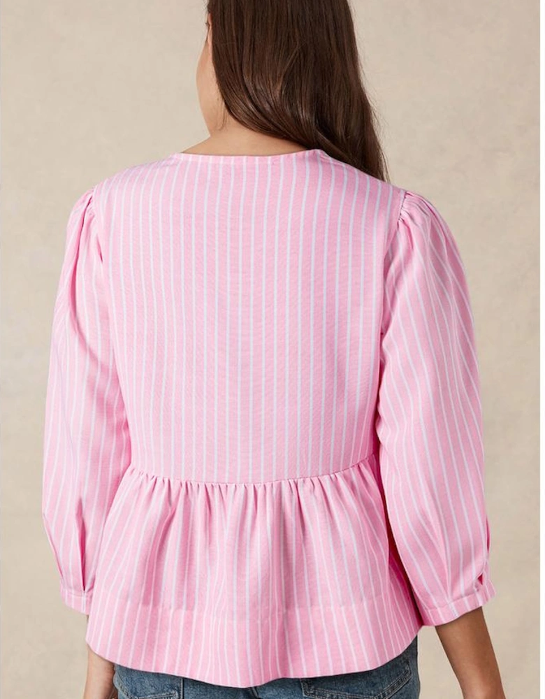 Pink Stripe Bowknot Front Crew Neck Puff Sleeve Blouse