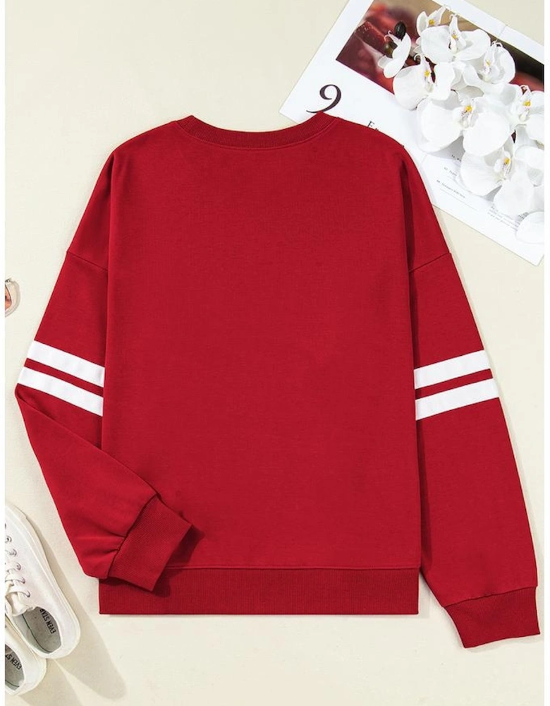 Fiery Red Varsity Striped Detail Crew Neck Plus Sweatshirt