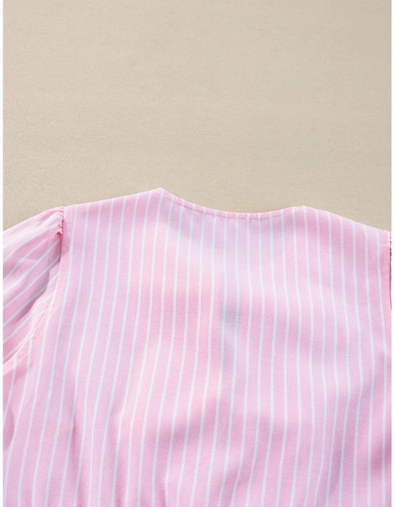 Pink Stripe Bowknot Front Crew Neck Puff Sleeve Blouse