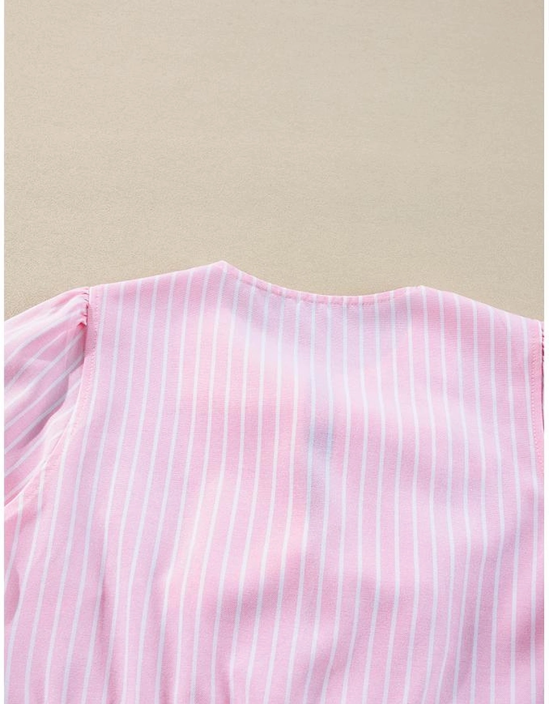 Pink Stripe Bowknot Front Crew Neck Puff Sleeve Blouse