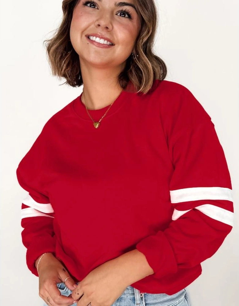 Fiery Red Varsity Striped Detail Crew Neck Plus Sweatshirt