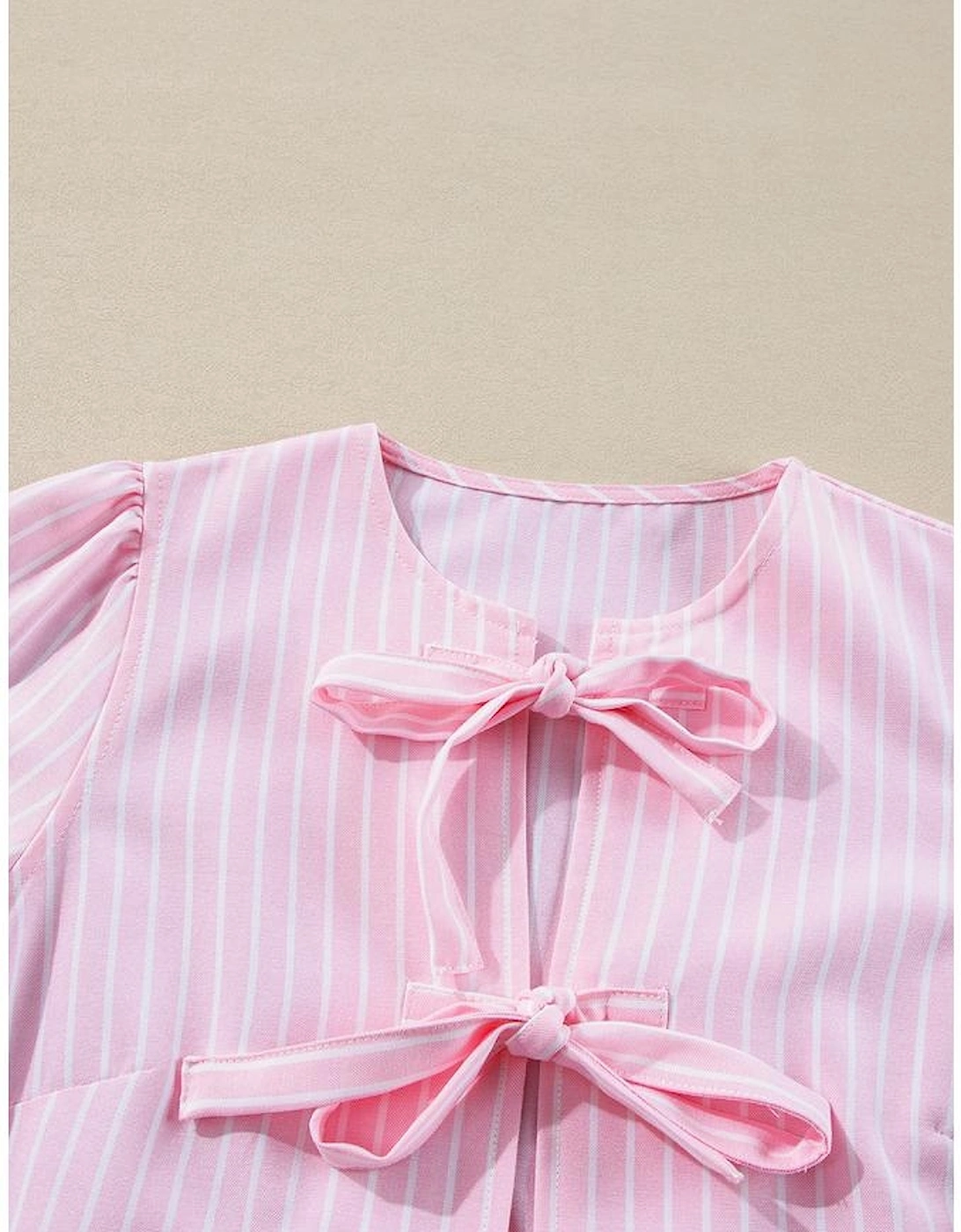Pink Stripe Bowknot Front Crew Neck Puff Sleeve Blouse