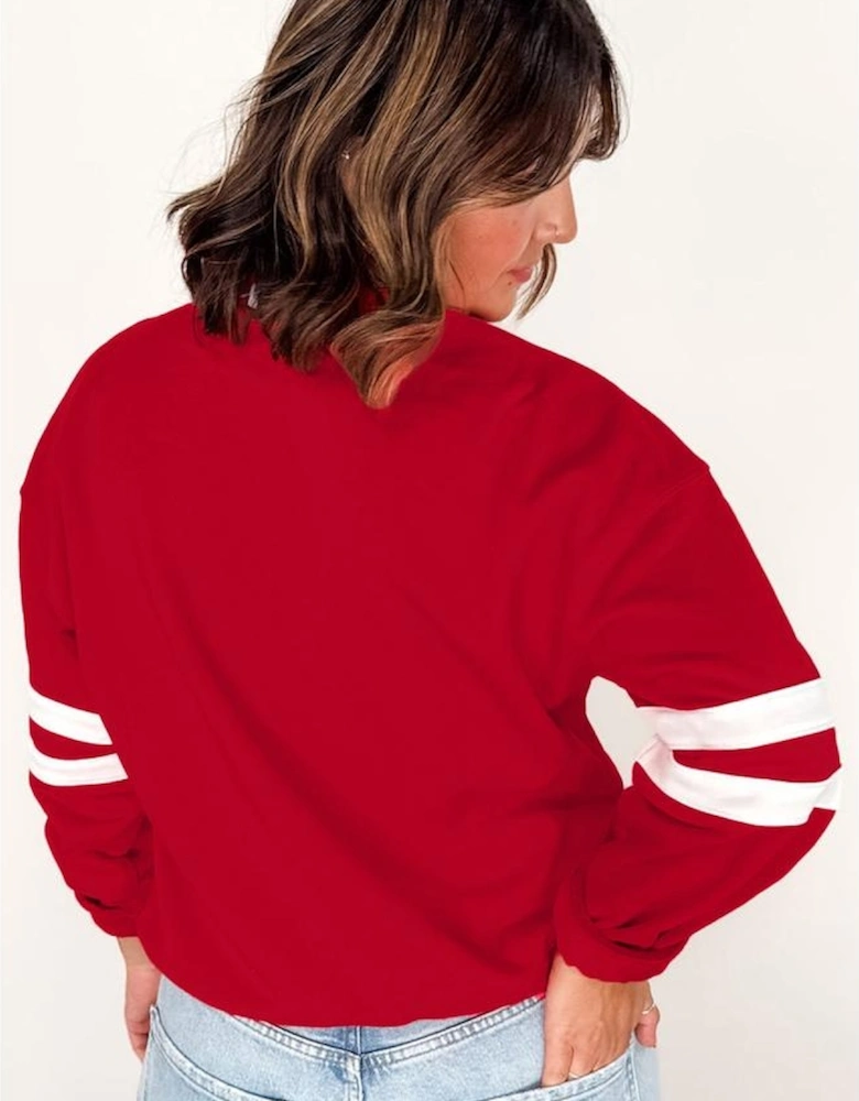 Fiery Red Varsity Striped Detail Crew Neck Plus Sweatshirt