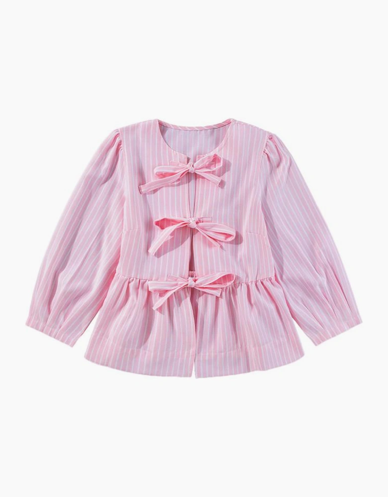 Pink Stripe Bowknot Front Crew Neck Puff Sleeve Blouse