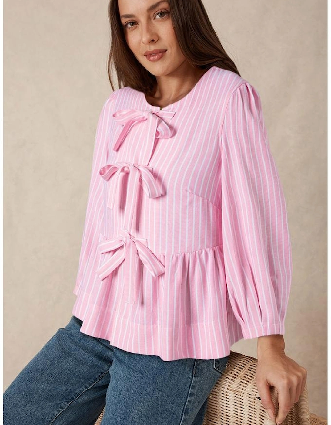 Pink Stripe Bowknot Front Crew Neck Puff Sleeve Blouse