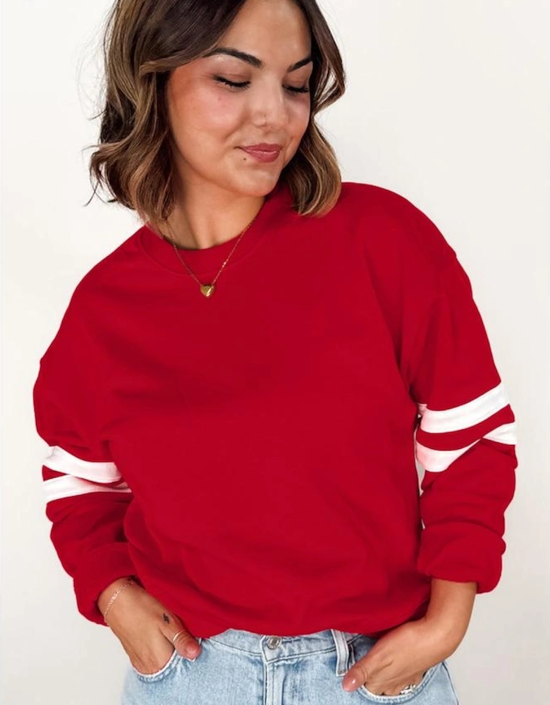 Fiery Red Varsity Striped Detail Crew Neck Plus Sweatshirt