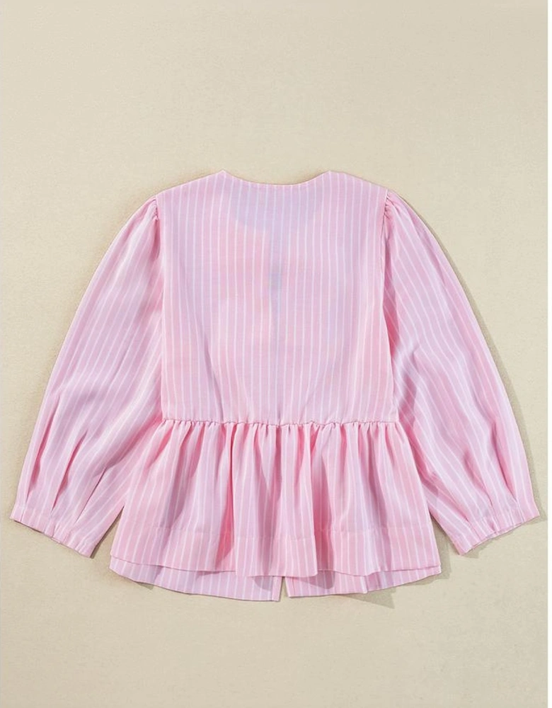 Pink Stripe Bowknot Front Crew Neck Puff Sleeve Blouse