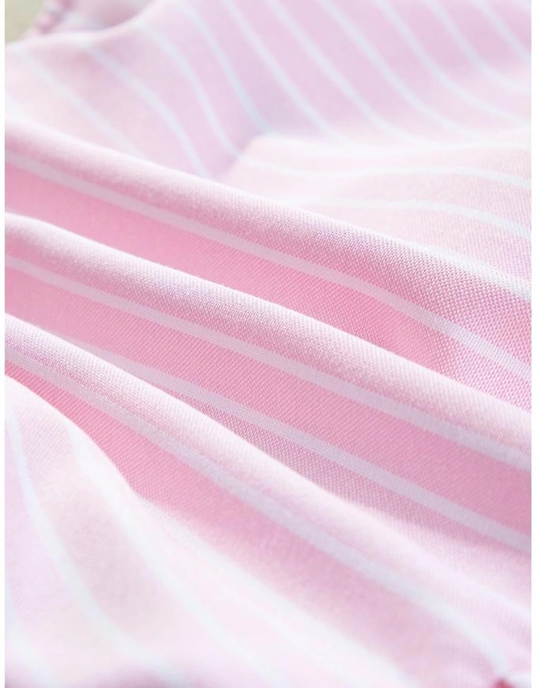 Pink Stripe Bowknot Front Crew Neck Puff Sleeve Blouse