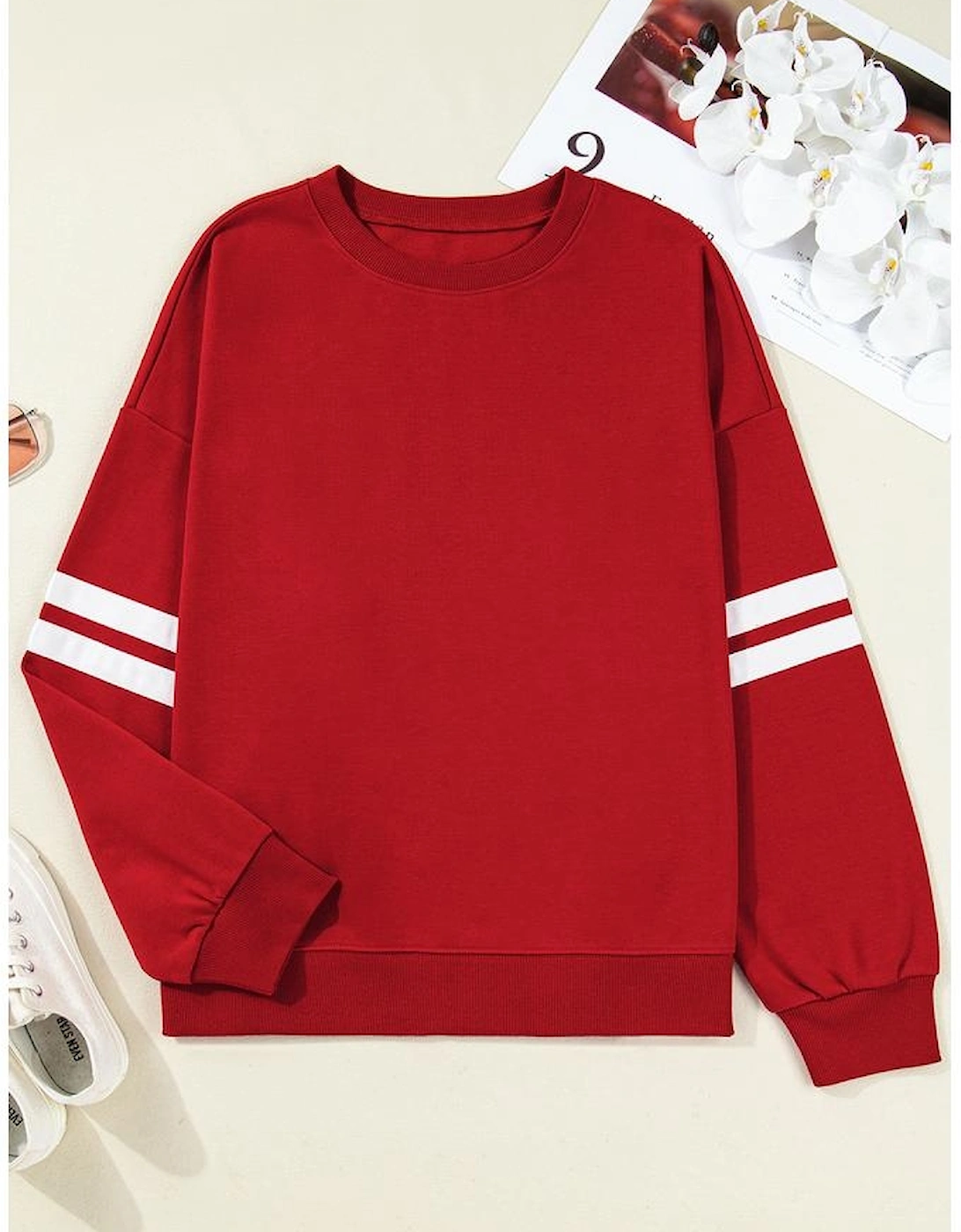 Fiery Red Varsity Striped Detail Crew Neck Plus Sweatshirt