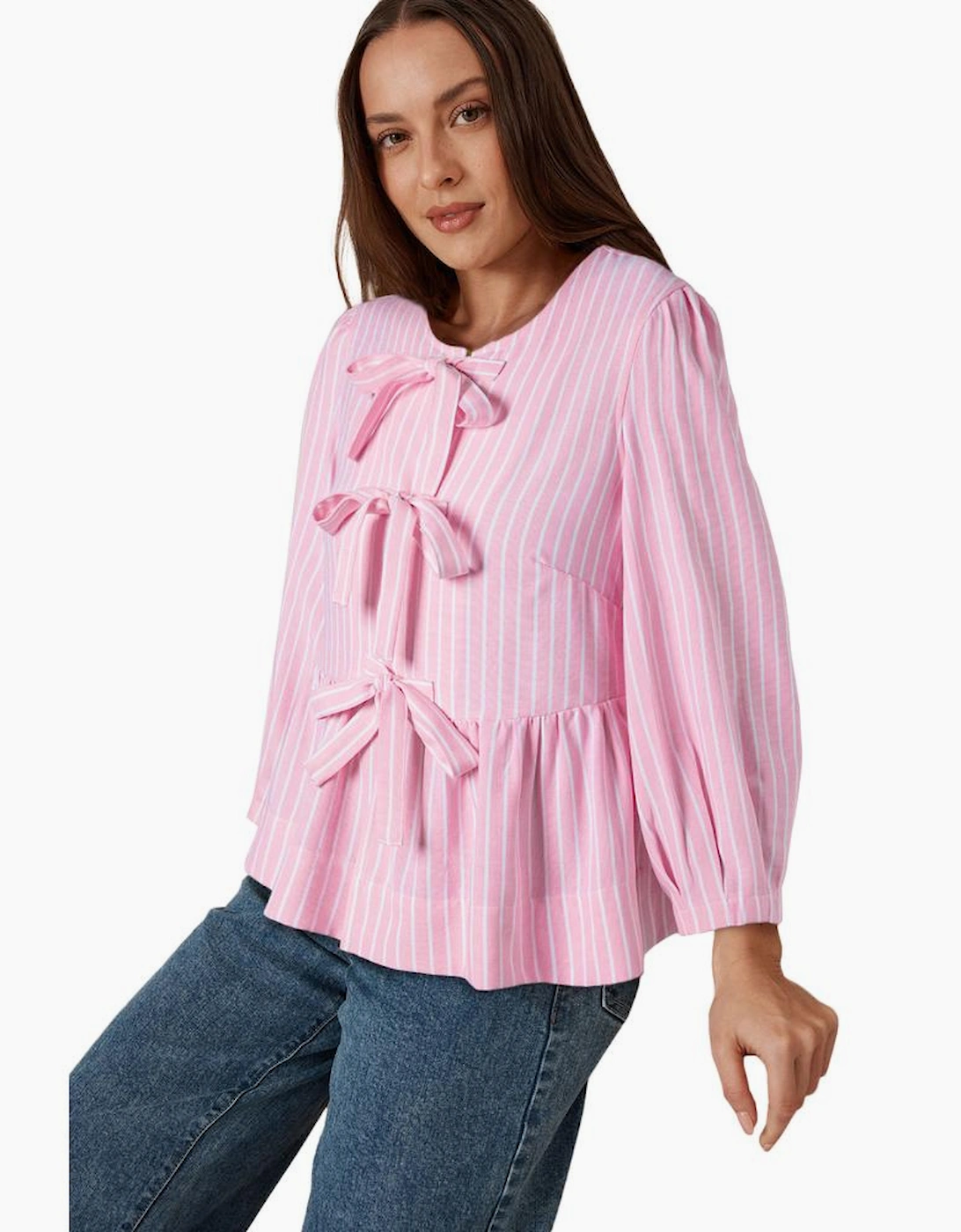 Pink Stripe Bowknot Front Crew Neck Puff Sleeve Blouse