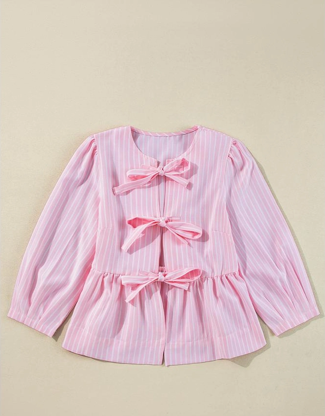Pink Stripe Bowknot Front Crew Neck Puff Sleeve Blouse