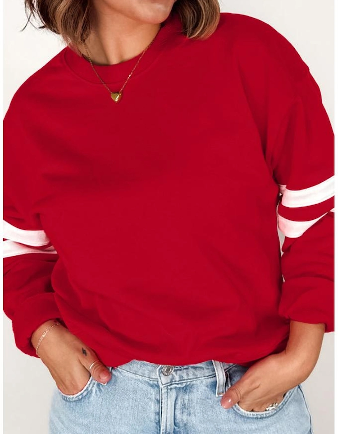 Fiery Red Varsity Striped Detail Crew Neck Plus Sweatshirt