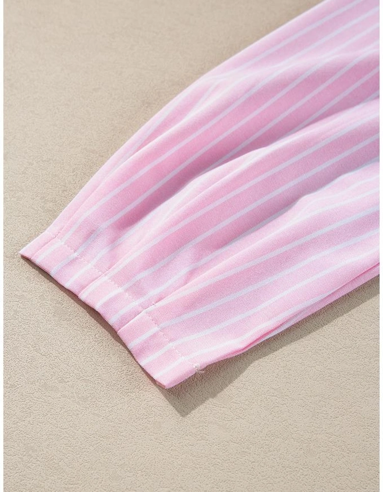 Pink Stripe Bowknot Front Crew Neck Puff Sleeve Blouse
