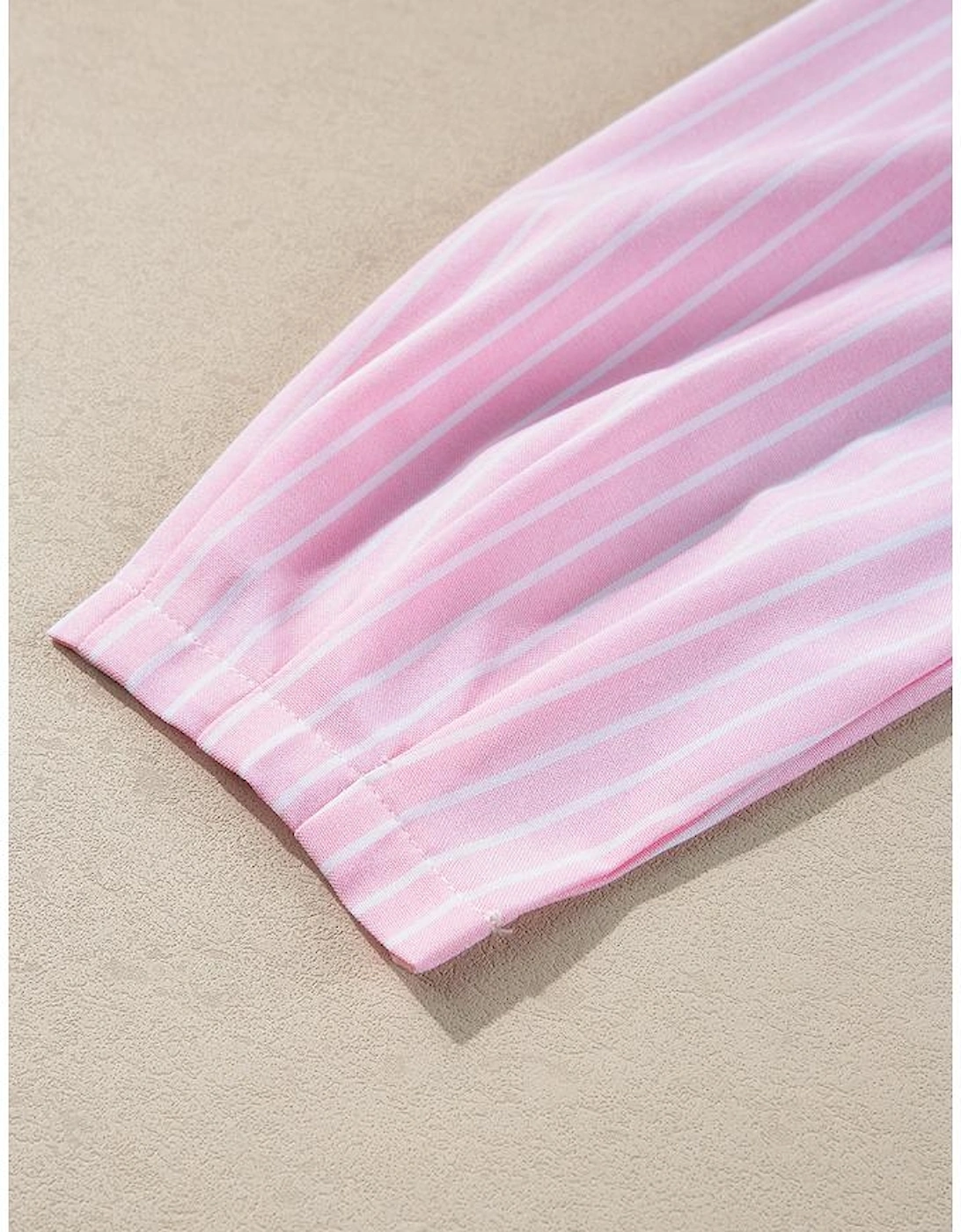 Pink Stripe Bowknot Front Crew Neck Puff Sleeve Blouse