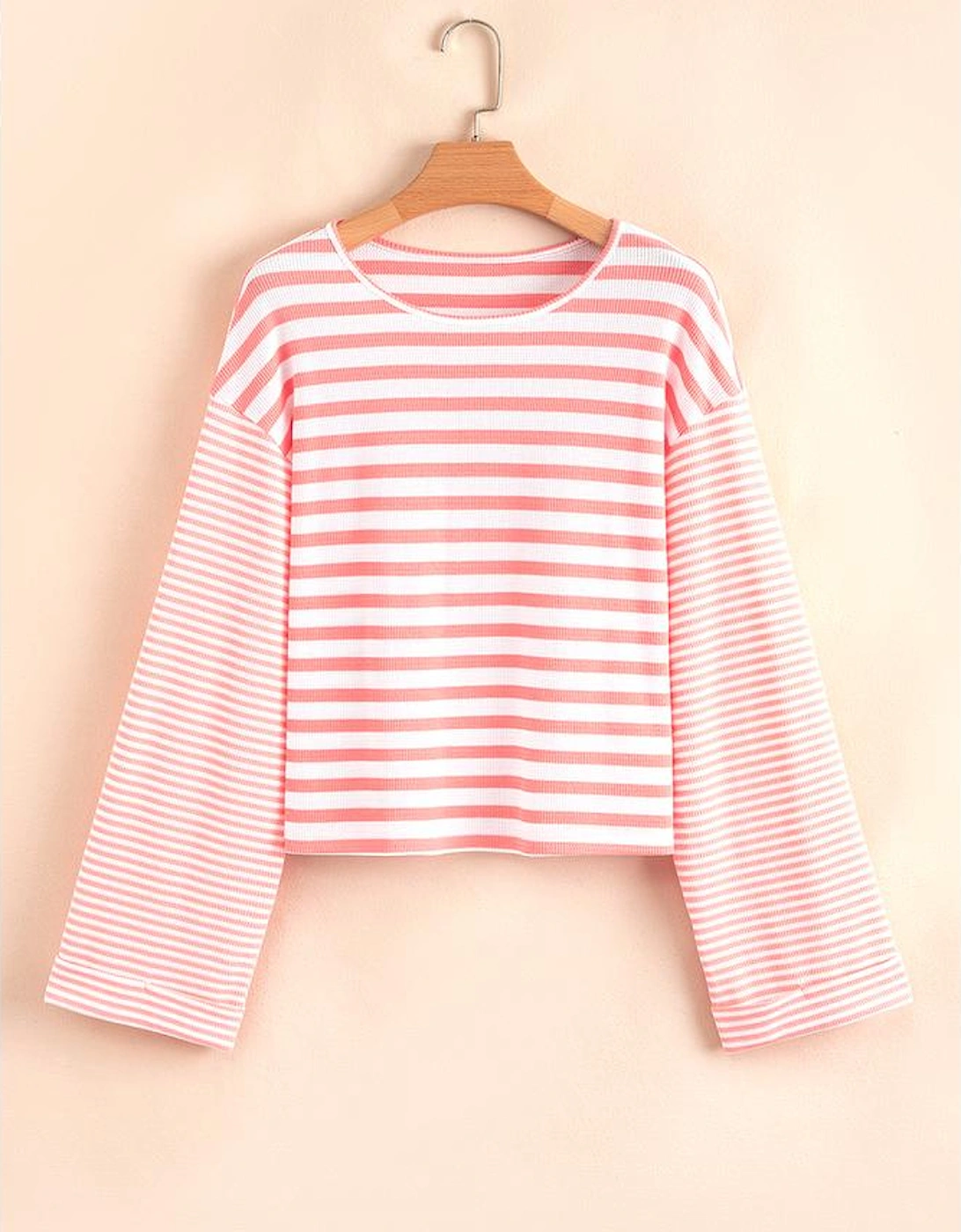 Pink Stripe Textured Contrast Dropped Long Sleeve Top