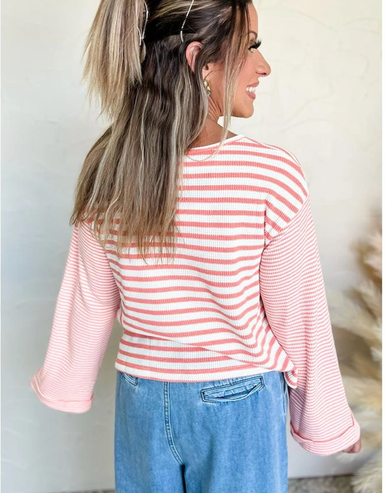 Pink Stripe Textured Contrast Dropped Long Sleeve Top