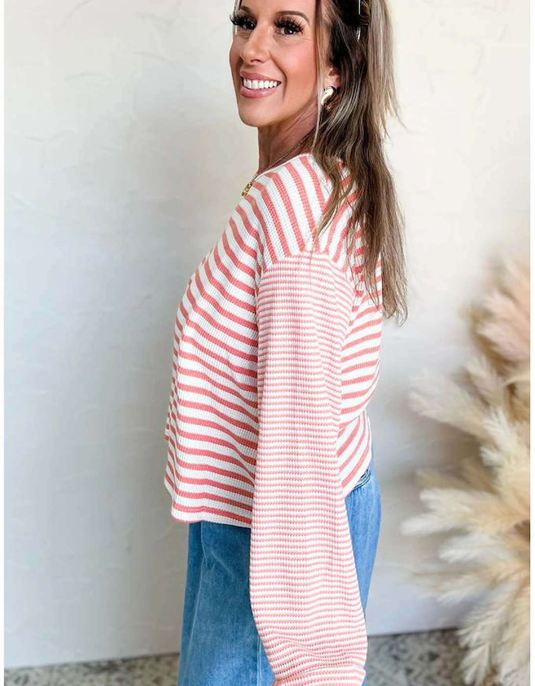 Pink Stripe Textured Contrast Dropped Long Sleeve Top