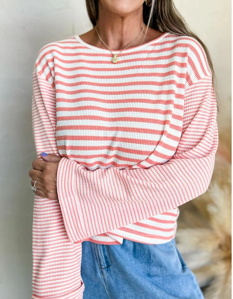 Pink Stripe Textured Contrast Dropped Long Sleeve Top