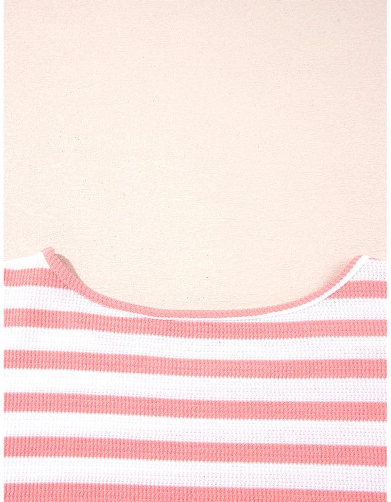 Pink Stripe Textured Contrast Dropped Long Sleeve Top