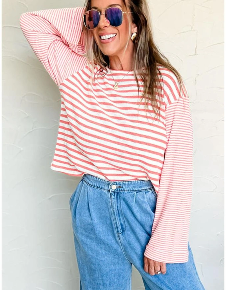 Pink Stripe Textured Contrast Dropped Long Sleeve Top