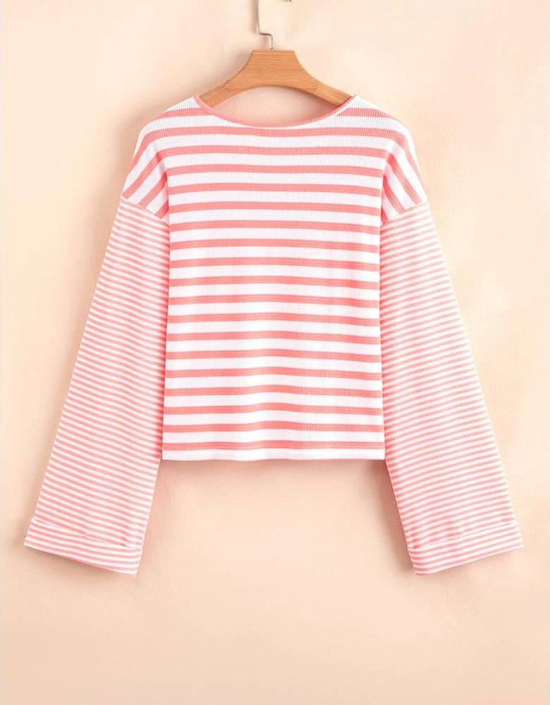 Pink Stripe Textured Contrast Dropped Long Sleeve Top
