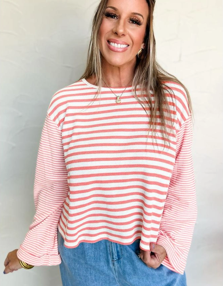 Pink Stripe Textured Contrast Dropped Long Sleeve Top