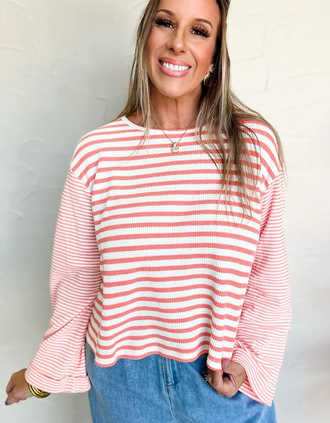 Pink Stripe Textured Contrast Dropped Long Sleeve Top