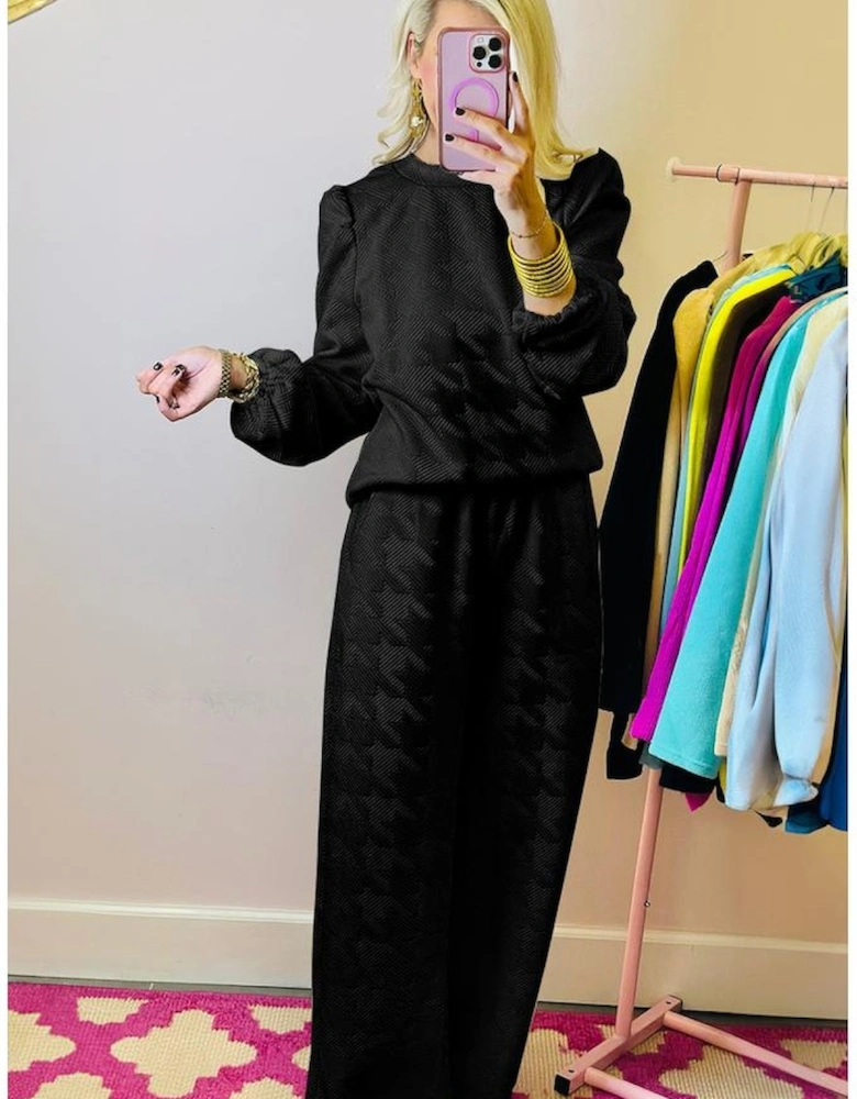 Black Textured Puff Sleeve Top and Pants Set