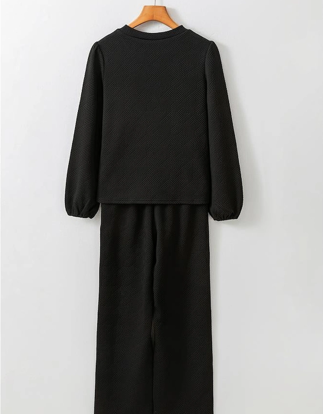 Black Textured Puff Sleeve Top and Pants Set