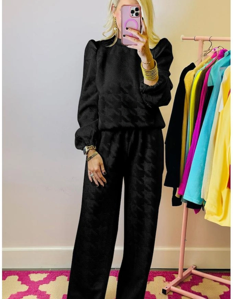 Black Textured Puff Sleeve Top and Pants Set
