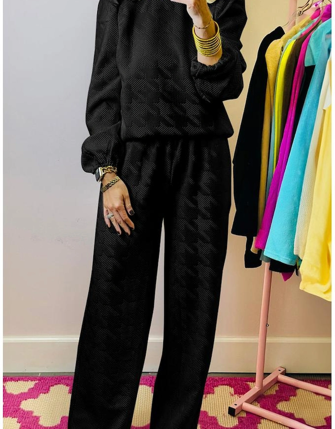 Black Textured Puff Sleeve Top and Pants Set, 7 of 6