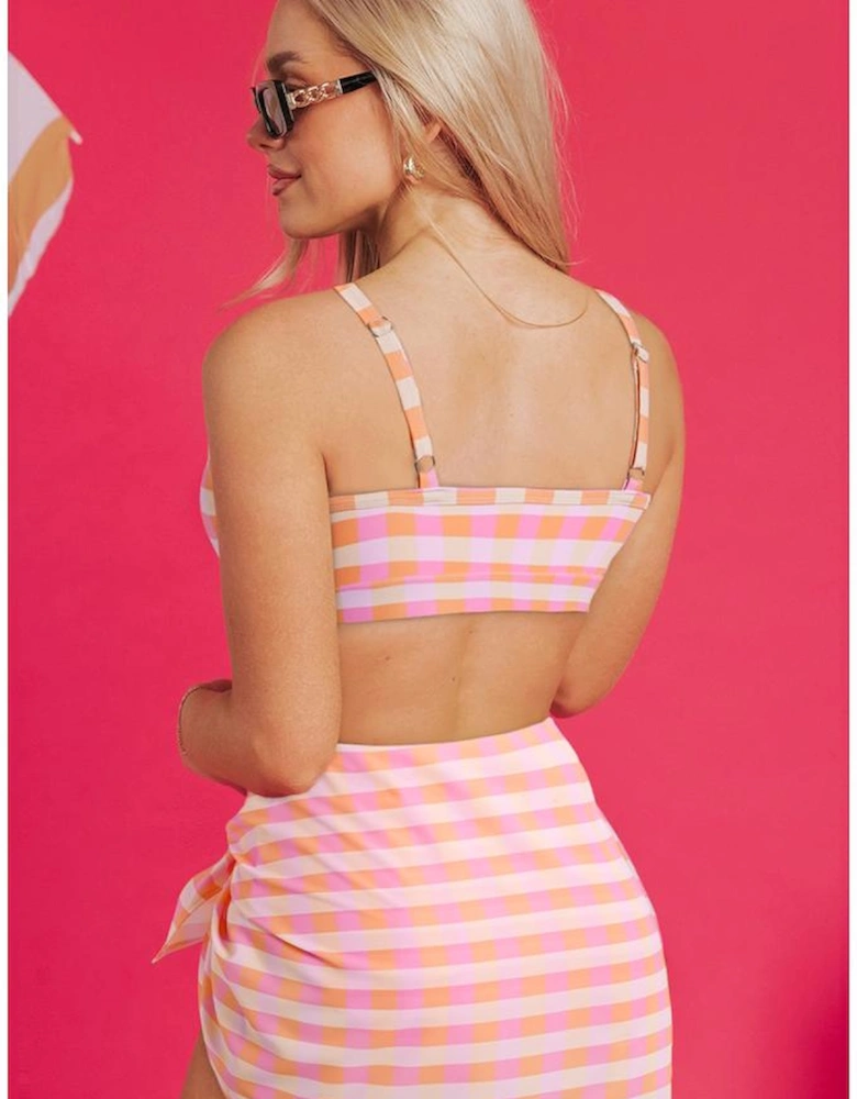 Pink 3pcs Gingham High Waist Bikini & Sarong