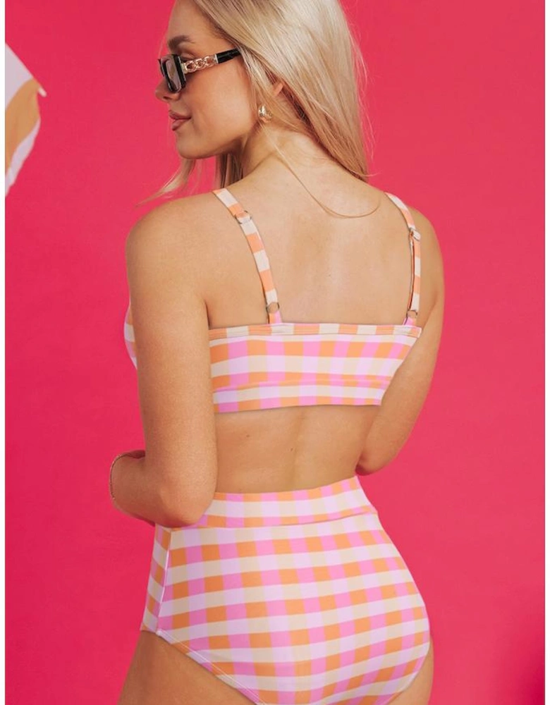 Pink 3pcs Gingham High Waist Bikini & Sarong
