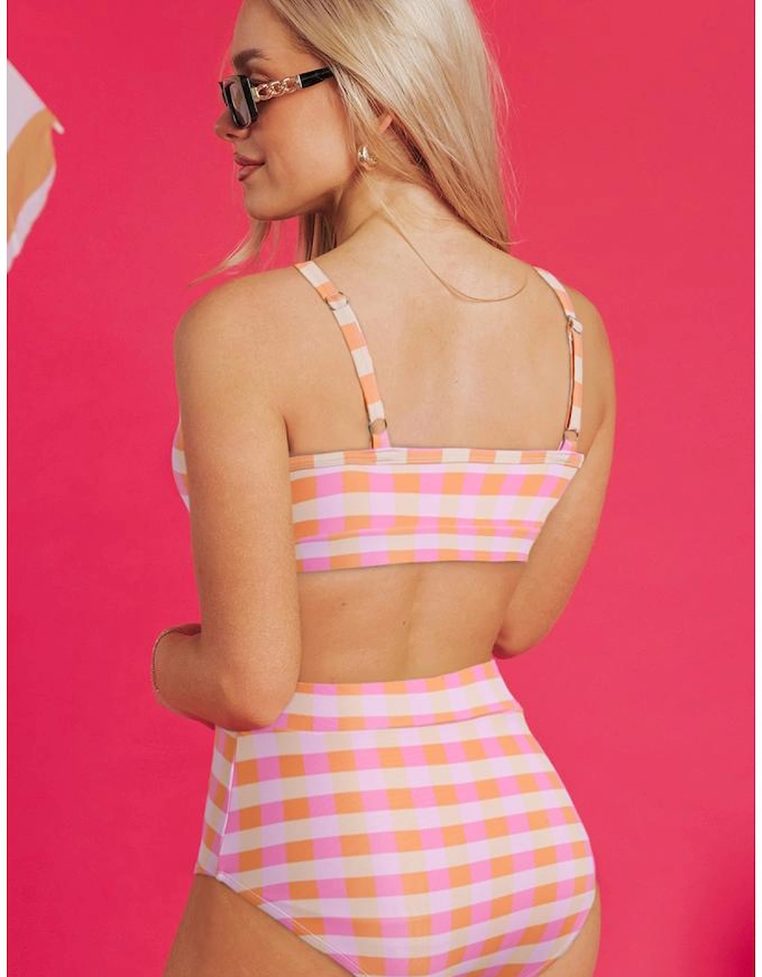Pink 3pcs Gingham High Waist Bikini & Sarong