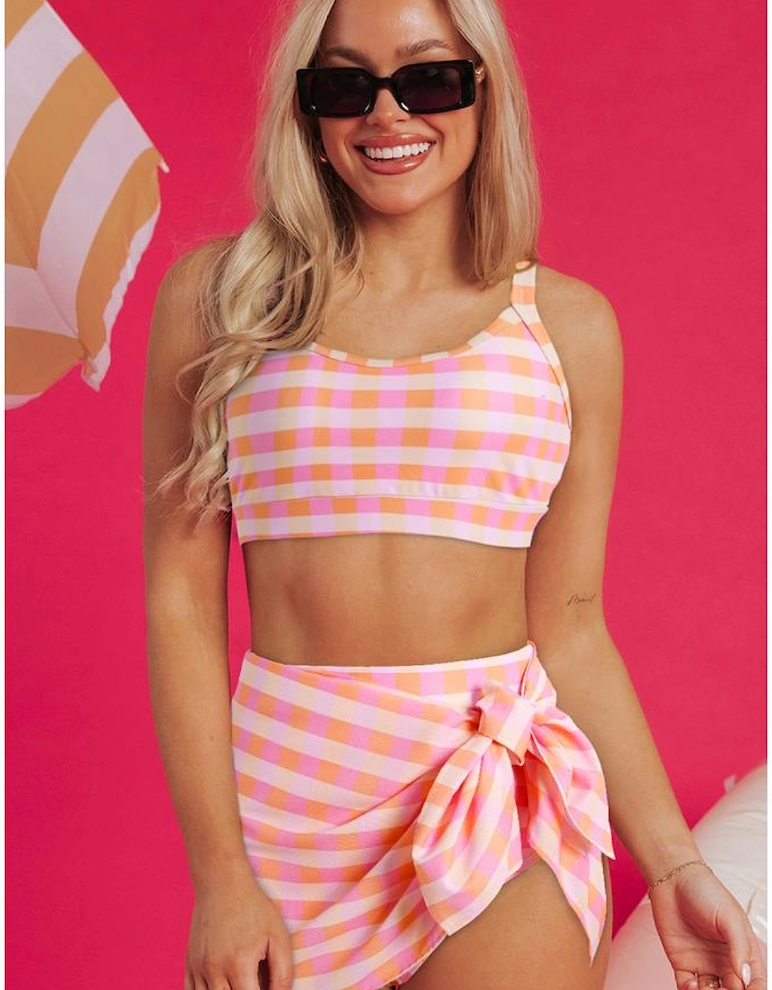 Pink 3pcs Gingham High Waist Bikini & Sarong