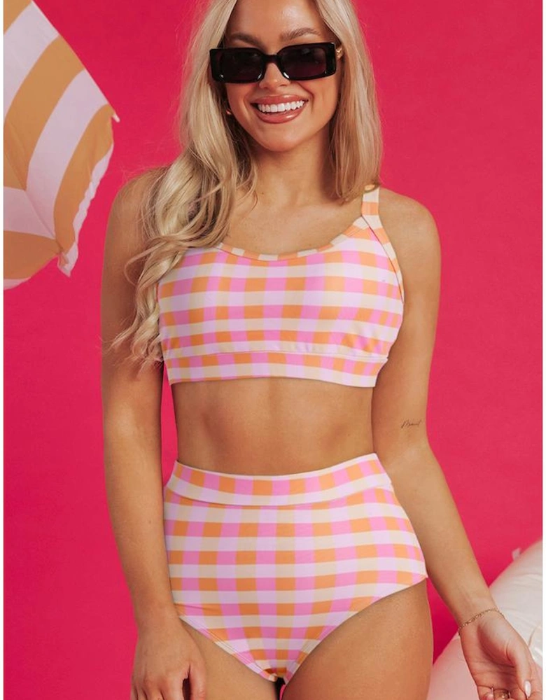 Pink 3pcs Gingham High Waist Bikini & Sarong