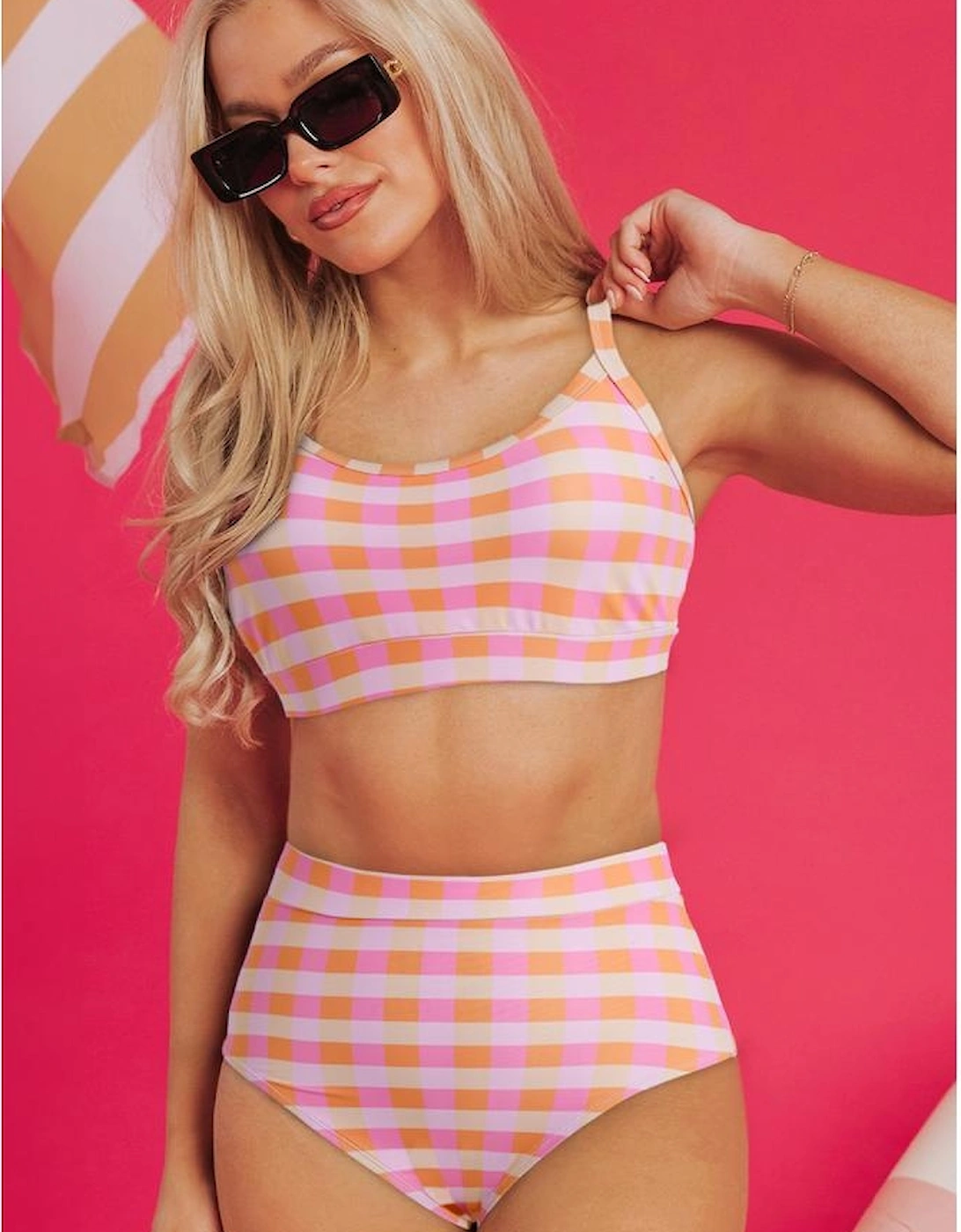 Pink 3pcs Gingham High Waist Bikini & Sarong