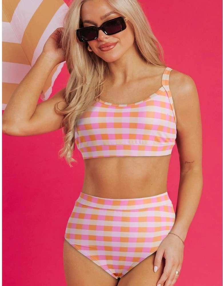 Pink 3pcs Gingham High Waist Bikini & Sarong