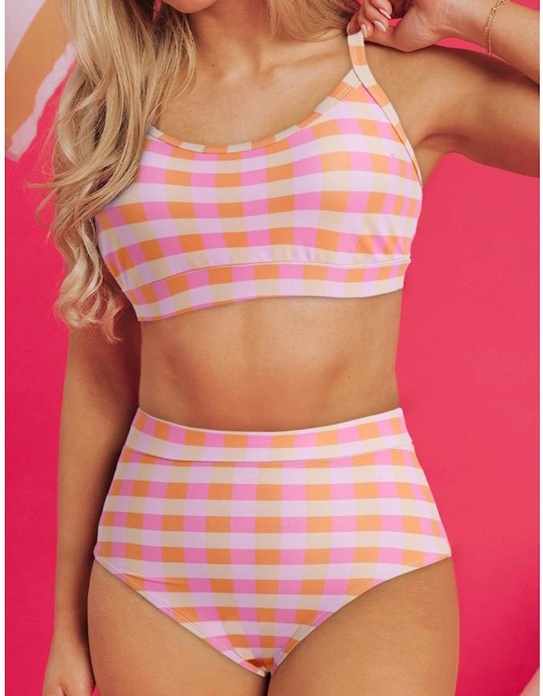 Pink 3pcs Gingham High Waist Bikini & Sarong