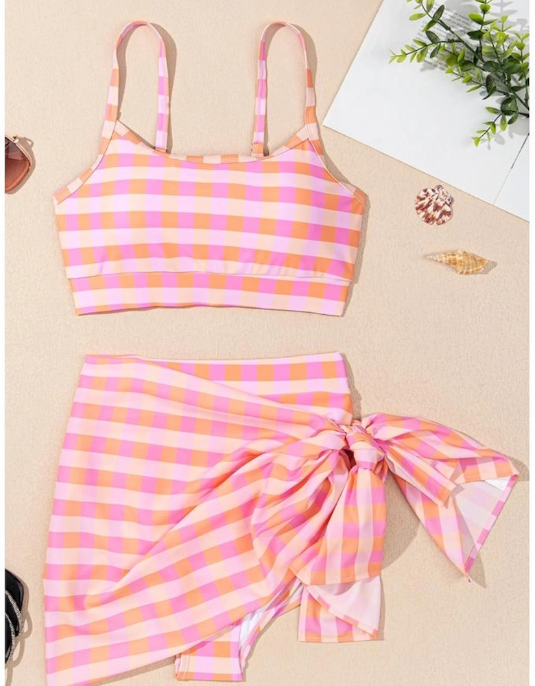 Pink 3pcs Gingham High Waist Bikini & Sarong