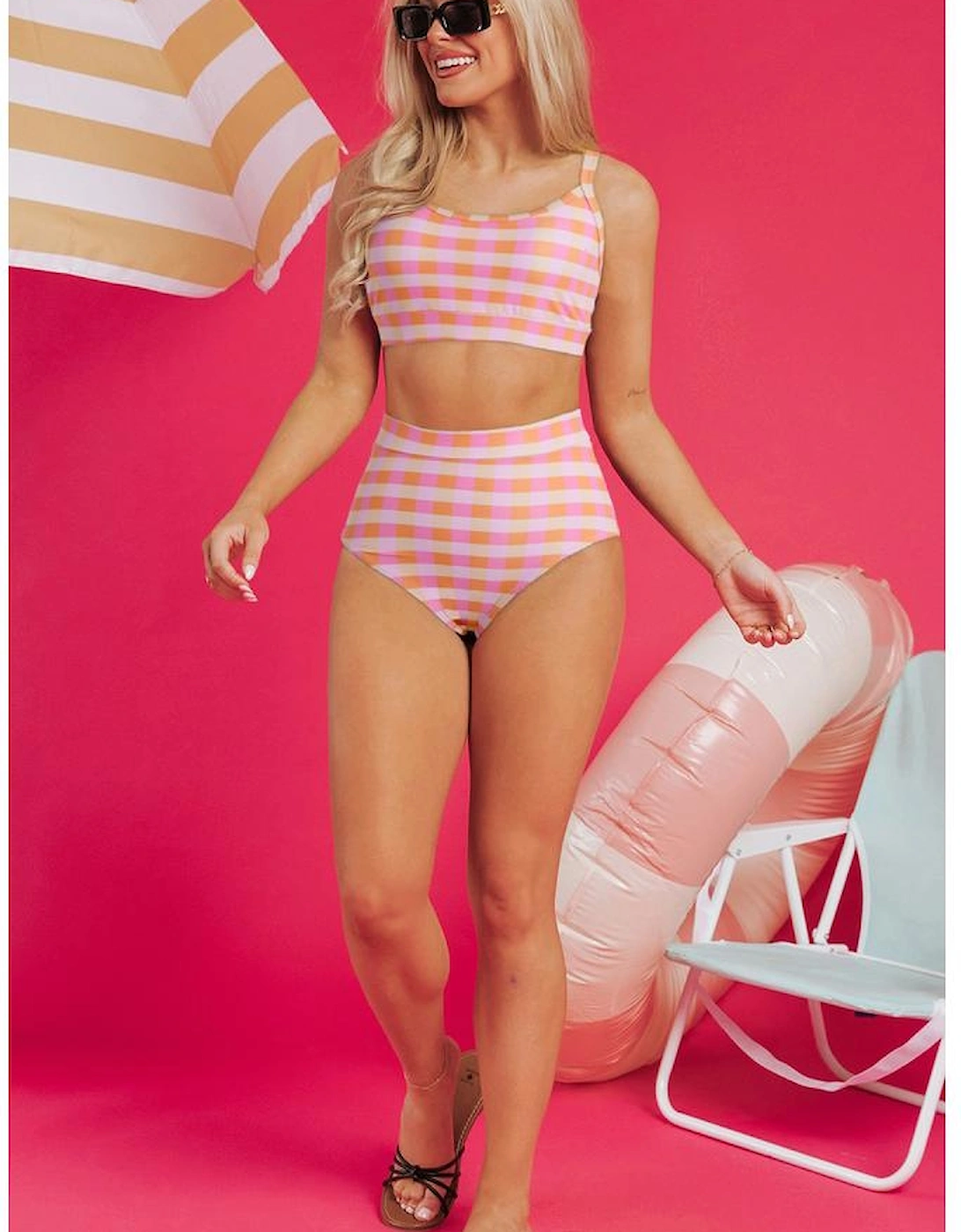 Pink 3pcs Gingham High Waist Bikini & Sarong