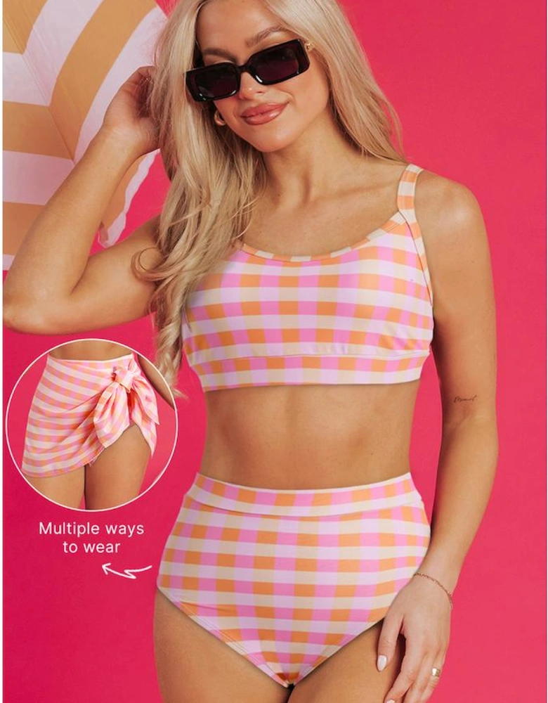 Pink 3pcs Gingham High Waist Bikini & Sarong